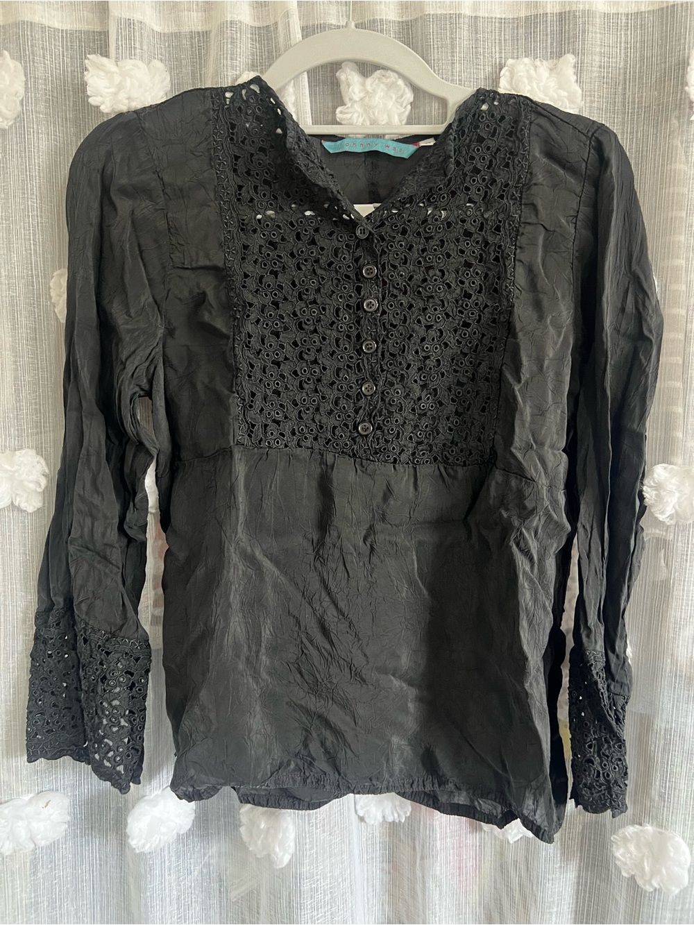 Johnny Was Black Button-Front Eyelet Lace Yoke Long Sleeve Top